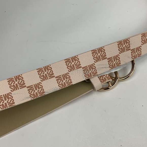 Steve Madden Logo Belt Double ring buckle Size Medium Creme Tan Gold - Picture 10 of 11